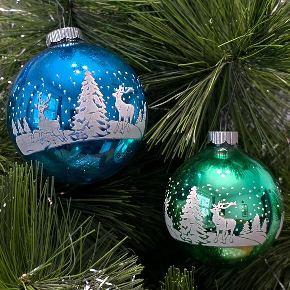2 VTG Shiny Brite Deer Christmas Tree Ornament Stencil Green Blue Glass Snow MCM - Picture 2 of 14